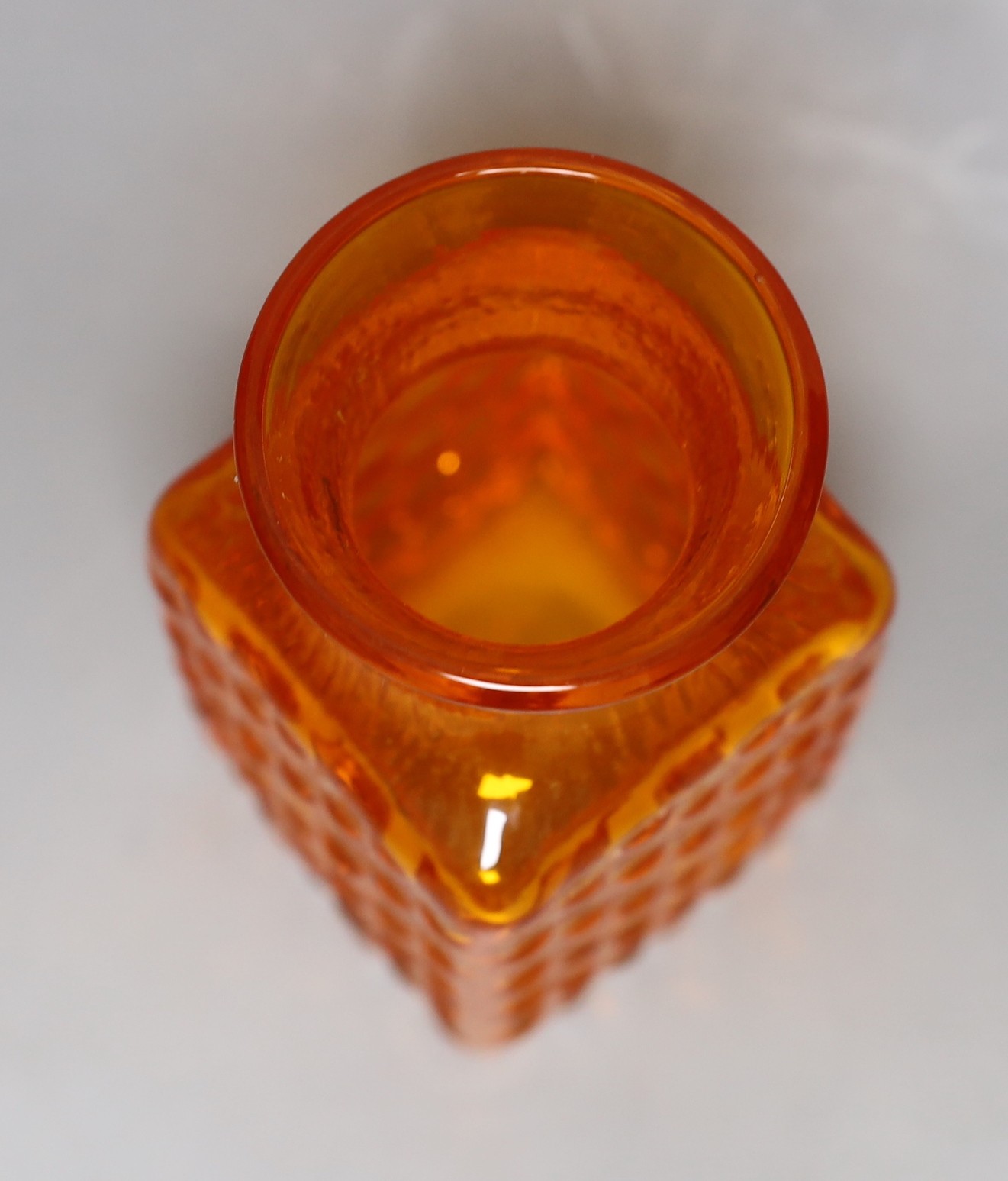 A Whitefriars 'Chess' glass vase, designed by Geoffrey Baxter, pattern number 9817, tangerine glass, 15cm tall
